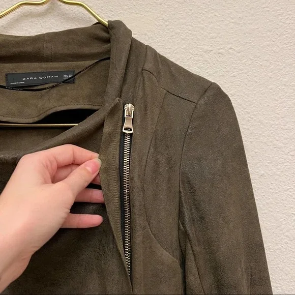 Zara Faux Suede Olive Green Draped Asymmetrical Zip Up Moto Jacket - Picture 5 of 12